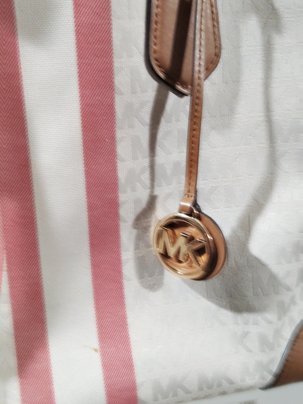 Michael Kors White and Pink Striped MK Tote with Gold Charm